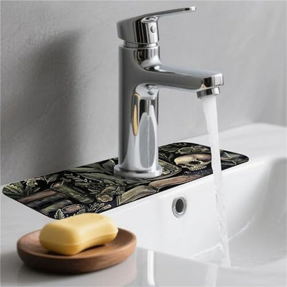 Kitchen Sink Splash Guard，Books and skulls Faucet Mat Sink Gadgets-Super Absorbent Fast Drying Mat Drip Catcher for Kitchen, Bathroom,Sink Mat, Dish Drying Mat, Bathroom(15" X 5.5" ) - color: Books and skulls