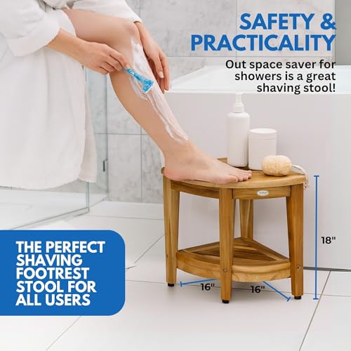 EcoDecors 18” Teak Corner Shower Stool –Waterproof Bench, Space-Saving Bathroom Seat | Compact Teak Shower Stool for Inside Shower | Sturdy 300 Pound Capacity with Shelf & Adjustable Feet | Corner teak shower bench supports up to 350 lb with adjustable no