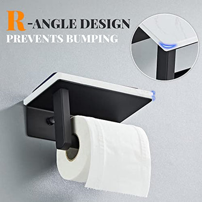 Matte Black Toilet Paper Holder with Marble-Look Shelf, Wall Mounted SUS304 Stainless Steel Toilet Roll Holder with Phone Storage - color: Matte Black