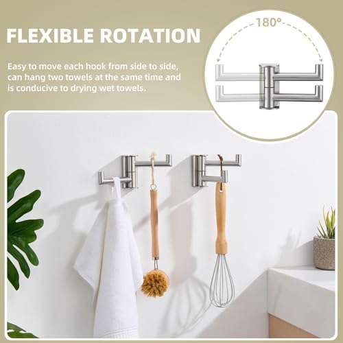 Suyar Brushed Nickel Double Towel Hook, Bathroom Swivel Robe Hook 2 Arms | Foldable Robe Coat Hanger for Kitchen RV Cabinet, SUS304 Stainless Steel Space Saving Towel Holder, Wall Mounted, 2 Pack - color: Brushed Nickel, size: 2 Pack