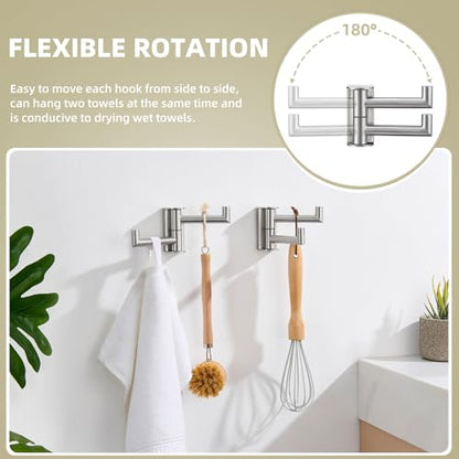 Suyar Brushed Nickel Double Towel Hook, Bathroom Swivel Robe Hook 2 Arms | Foldable Robe Coat Hanger for Kitchen RV Cabinet, SUS304 Stainless Steel Space Saving Towel Holder, Wall Mounted, 2 Pack - color: Brushed Nickel, size: 2 Pack