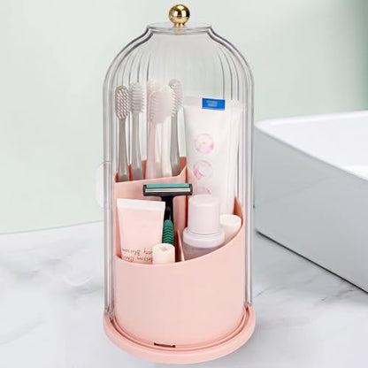 QIYVLOS Toothbrush Holders with Sliding Lid, Rotating 3 Slots Bathroom Organizer Countertop, Tooth Brush Toothpaste Holder Bathroom Counter Stand Sink Organizer Caddy for Makeup Brushes Holder (Pink) - color: Pink+transparent