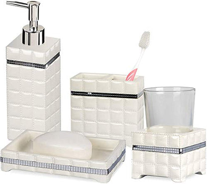 nu steel Giraffe White Resin Bath Accessory Set for Vanity Countertops, 4 piece Luxury Ensemble Includes soap Dish, Toothbrush Holder, Tumbler, soap and Lotion Pump,White Resin