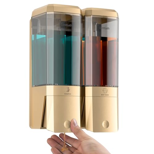 Shampoo and Conditioner Dispenser,Shower Dispenser 2 Chamber No Drill Shampoo Dispenser for Shower Wall Mounted Shower Soap Dispenser for Bathroom Hotel,Large Capacity 2 * 500ML,Gold - color: Gold 2 Chamber