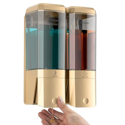 Shampoo and Conditioner Dispenser,Shower Dispenser 2 Chamber No Drill Shampoo Dispenser for Shower Wall Mounted Shower Soap Dispenser for Bathroom Hotel,Large Capacity 2 * 500ML,Gold - color: Gold 2 Chamber