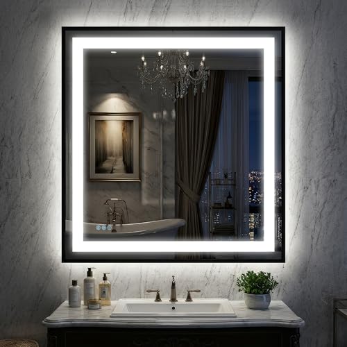 Antok 36X36 LED Bathroom Mirror with Lights, Vanity Mirror for Wall with Black Frame, Touch Control, Anti-Fog, Dimmable Lights, Shatter-Proof, Memory Function, Wall-Mounted Vanity Mirrors - size: 36"L x 36"W