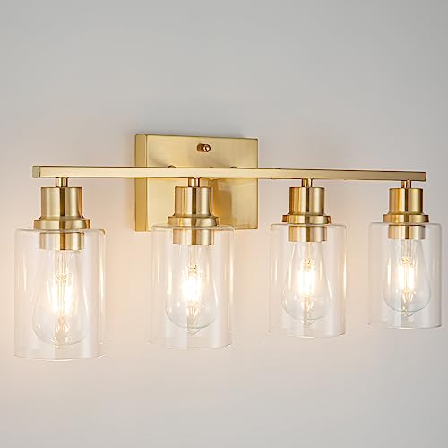 4-Lights Gold Bathroom Light Fixture, Brushed Brass Vanity Light with Clear Glass Shade, Modern Bath Wall Lights for Living Room, Hallway, Bedroom - color: Gold 4-Light