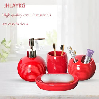 Red Bathroom Accessories Set,4 Pcs Ceramic Bath Accessory Sets Includes Soap Dispenser, Toothbrush Holder, Tumbler and Soap Dish,Bathroom Countertop Organizer Set for Home Apartment