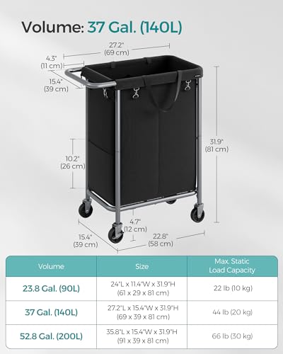 SONGMICS Laundry Basket with Wheels, 2-Section Rolling Laundry Hamper, 37 Gallons (140 L), Removable Liner, Steel Frame with Handle, 27.2 x 15.4 x 31.9 Inches, Ink Black URLS004B01 - color: Ink Black, size: 140 L (2-Section)
