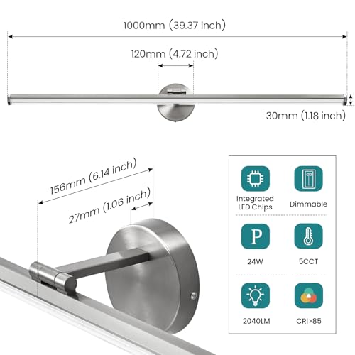 KAISITE Brushed Nickel Modern Bathroom Light - 39 Inch Dimmable 5CCT LED Vanity Light for Restroom - color: Brushed Nickel, size: 39 Inch
