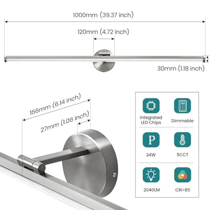 KAISITE Brushed Nickel Modern Bathroom Light - 39 Inch Dimmable 5CCT LED Vanity Light for Restroom - color: Brushed Nickel, size: 39 Inch