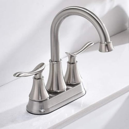 KINGO HOME Modern Brushed Nickel 2-Handle Bathroom Faucet, 4 inch Centerset RV Bathroom Sink Faucet Lavatory Bath Sink Vanity Faucet with Water Supply Lines and Pop Up Drain - color: Brushed Nickel