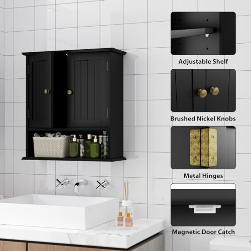 Bathroom Wall Cabinet, Bathroom Cabinet Wall Mount with 2 Doors and Open Shelf, Over The Toilet Wall Storage, Wooden Medicine Cabinets - color: Bathroom Cabinet-black