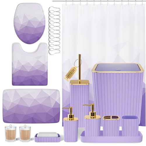 XLHOMO Bathroom Accessory Set - 26PC Bathroom Shower Curtain and Rug Set, Bathroom Accessories Set, Purple Bathroom Set with Trash Can, Toilet Brush, Qtip Holder & Soap Dispenser - style: Purple