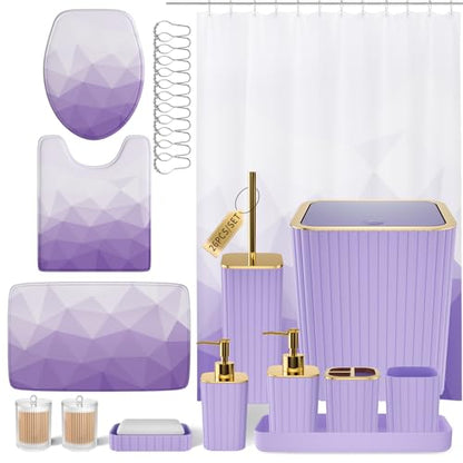 XLHOMO Bathroom Accessory Set - 26PC Bathroom Shower Curtain and Rug Set, Bathroom Accessories Set, Purple Bathroom Set with Trash Can, Toilet Brush, Qtip Holder & Soap Dispenser - style: Purple