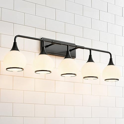 Black Bathroom Light Fixtures 5-Lights Vanity Lights with Milky White Frosted Glass Shade Bathroom Vanity Light 39.2 inch Wall Sconce Lighting Bath(Exclude E26 Bulb) - color: Black, size: 5 Light