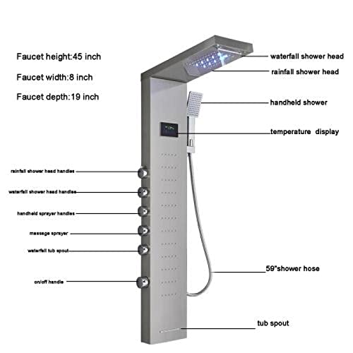 LED Light Shower Panel Tower Rainfall Waterfall Shower Head with Massager Jets Body System Jet Black B (Color : Brushed Nickel C) - color: Brushed Nickel C