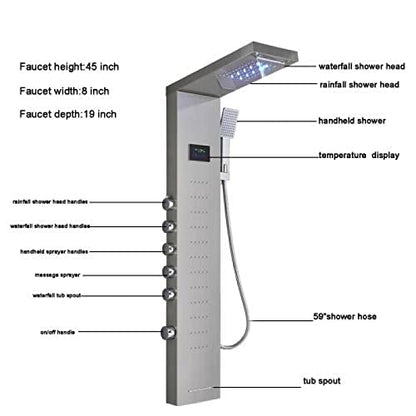 LED Light Shower Panel Tower Rainfall Waterfall Shower Head with Massager Jets Body System Jet Black B (Color : Brushed Nickel C) - color: Brushed Nickel C