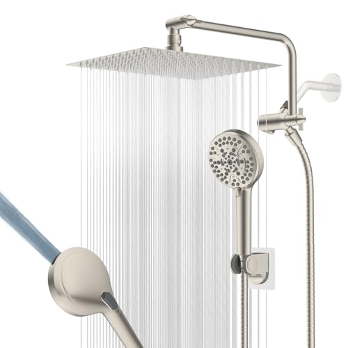 12" Metal Rainfall Shower Head with 10-Mode Handheld, Brushed Nickel | NSF/ANSI/CAN 372 Certified, High Pressure Showerhead Combo with 11" Adjustable Shower Arm, 71" Hose, Shower Head Holder - color: Brushed Nickel, style: Square 12"