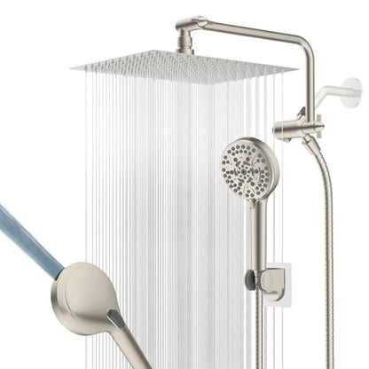 12" Metal Rainfall Shower Head with 10-Mode Handheld, Brushed Nickel | NSF/ANSI/CAN 372 Certified, High Pressure Showerhead Combo with 11" Adjustable Shower Arm, 71" Hose, Shower Head Holder - color: Brushed Nickel, style: Square 12"