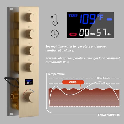 Brushed Gold Shower System with 3 Rain Shower Head(12+8+8 inch), Handheld Spray, 4 Way Smart Temperature Display Shower Faucet set - color: Brushed Gold, size: 12+8+8 inch