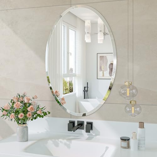 Frameless Oval 20"x30" Beveled Bathroom Vanity Mirrors | 20mm beveled edge, 5mm HD glass, frameless, anti-rust, shatterproof, french cleat, horizontally or vertically - size: 20"L x 30"W