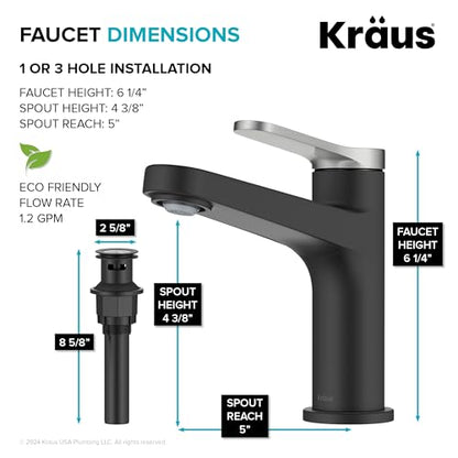 KRAUS Indy Single Handle One Hole Bathroom Sink Faucet in Spot-Free Brushed Nickel/Matte Black, KBF-1411SFBNMB - color: Spot Free Brushed Nickel/Matte Black, style: Basin + Pop-Up Drain