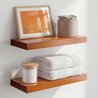 16 inch Oak Floating Shelf, High End Solid Real Wood 16inch Small Floating Shelves for Wall Mounted, Honey Oak Wooden 16in Floating Shelves, Heavy Duty Bracket, 16 X 6.5 X 1.75 in, Set of 2 - color: Honey Oak - Warm Amber Tone, size: 16 inch