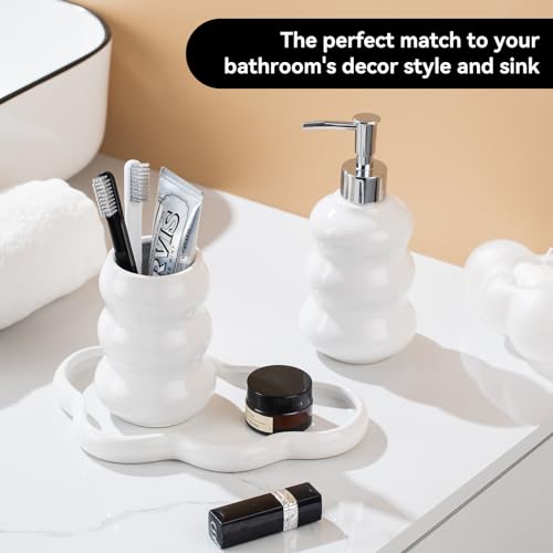 3-Piece White Ceramic Bathroom Accessories Set with Tray, Lotion Dispenser, and Tumbler for a Luxurious Bath Experience - color: White