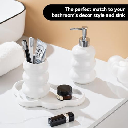 3-Piece White Ceramic Bathroom Accessories Set with Tray, Lotion Dispenser, and Tumbler for a Luxurious Bath Experience - color: White