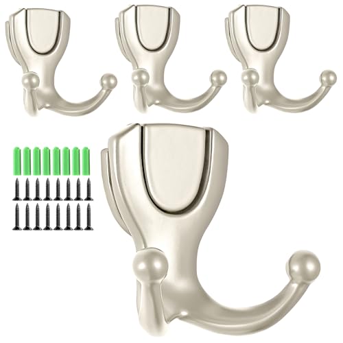 Coat Hooks Wall Mount: Flip Lid Conceals Screws & Double Hooks, Heavy Duty Wall Hooks, Damage-Resistant Clothing Design, Towel Hooks for Bathroom Living Room to Hang Coats Hats Keys (4, Silver) - color: Silver