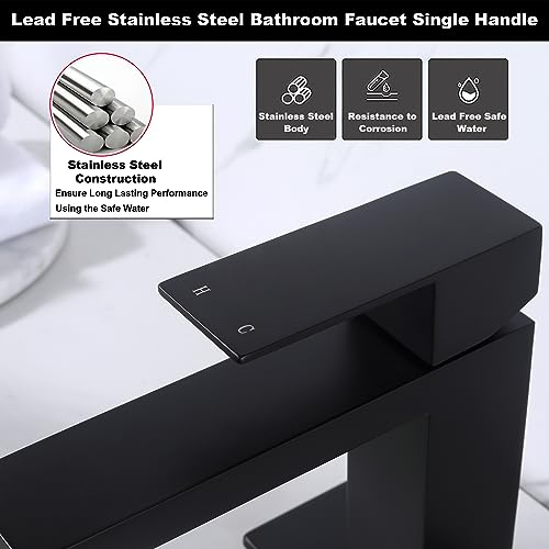 Black Faucet Bathroom, Matte Black Bathroom Faucet Single Hole | Stainless Steel Single Handle 1 Hole Bathroom Sink Faucets with Pop Up Drain, AML-1141-BK - color: Matte Black, size: Short