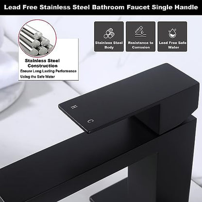 Black Faucet Bathroom, Matte Black Bathroom Faucet Single Hole | Stainless Steel Single Handle 1 Hole Bathroom Sink Faucets with Pop Up Drain, AML-1141-BK - color: Matte Black, size: Short