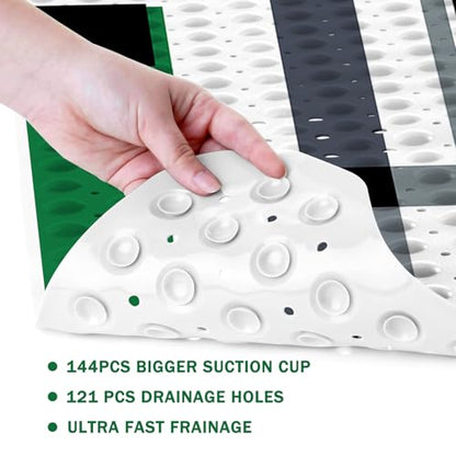 Green Black Bath Tub Mat Non Slip, Modern Geometric Large Washable Shower Mats with Drain Holes and Suction Cups,40 X 16 Inch - color: Green Black