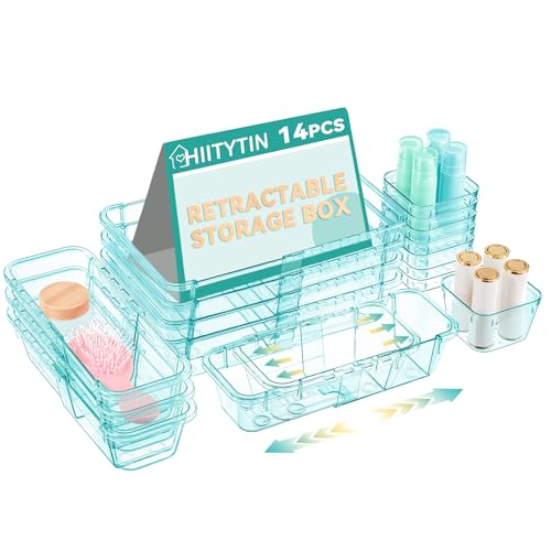 14 Pcs Adjustable Clear Drawer Organizer, Extendable Vanity Storage Bins, Desk Drawer Organizer Set for Makeup, Cosmetics, Bedroom, and Gadgets, Blue - color: Blue, size: 14 Pcs