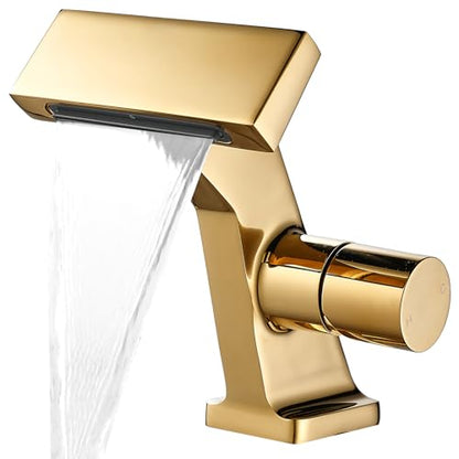 BAKALA Gold Waterfall Bathroom Faucet, Single Hole Brass Sink Faucet for RV and Vanity, Includes 2 Supply Lines - color: Gold