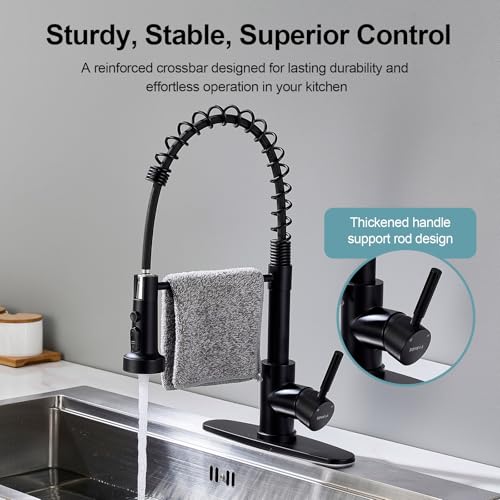 Kitchen Faucets with Pull Down Sprayer, Matte Black Stainless Steel Single Handle Pull Out Spring Sink Faucet, 3 Function Sprayer 1 or 3 Hole Deck Plate for Farmhouse Laundry Rv Bar - color: Matte Black, style: Classic