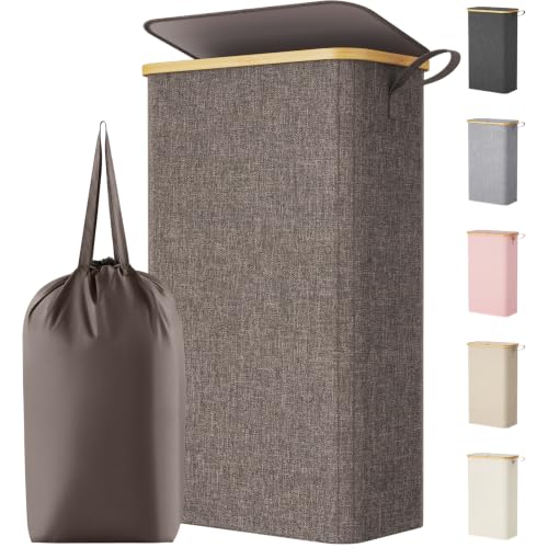 Lifewit 75L Slim Laundry Hamper with Lid, Narrow Laundry Basket with Removable Bag & Bamboo Handles, Fodable Thin Dirty Clothes Hamper for Laundry Collapsible Bin for Bathroom Bedroom Dorm, Brown - color: Brown, size: 75L