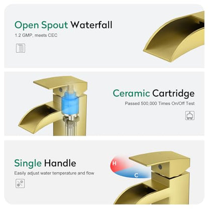 CREA Brushed Gold Waterfall Bathroom Faucet 1 Hole Single Handle Bathroom Sink Faucet with Pop Up Drain Stainless Steel Vanity Faucet Basin Mixer Tap Hot Cold Water Supply Line 3 Hole Deck Plate - color: Gold, style: Open Waterfall
