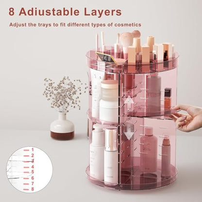 Jiavarry 360 Rotating Makeup Organizer with DIY 8 Adjustable Height, Pink | Lipstick Slots, Spinning Skincare, Brush and Perfume Storage, for Vanity Bathroom Countertop - color: Slot Top Pink