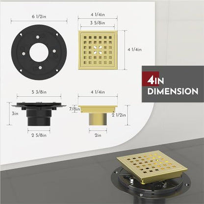 4 Inch Square Shower Floor Drain with Flange,Quadrato Pattern Grate Removable,Food-Grade SUS 304 Stainless Steel,Watermark&CUPC Certified, Brushed Gold - color: Brushed Gold, size: 4 Inch