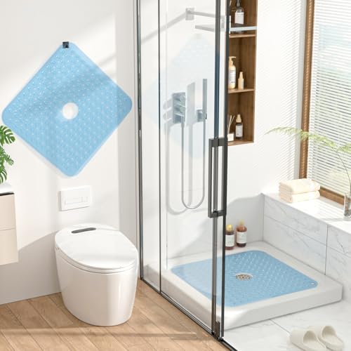 HITSLAM Square Shower Mat, Non Slip PVC Stall Mat, 24"x24", Blue | Power Grip Suction Cups, Center Drain Hole, Built-In Hanging Holes, Machine Washable Bathroom Floor Mat, Soft On Feet - color: Clear Blue