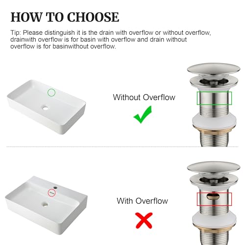 Pop up Sink Drain Stopper Without Overflow Brushed Nickel for Bathroom Vessel Vanity Sink Art Basin, Big Cap Sink Drain Without Overflow, Metal Pop-up Drain Strainer with Detachable Basket Stopper - color: Brushed Nickel, style: without overflow