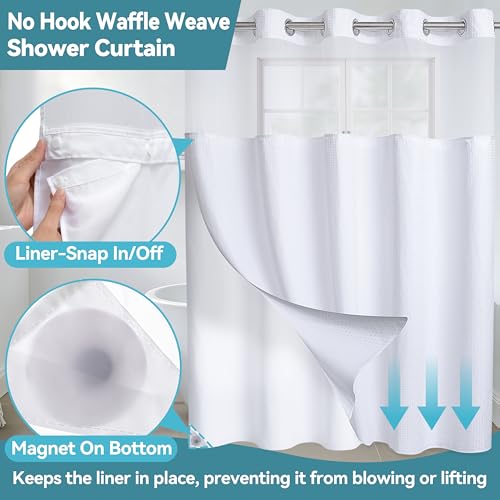 Conbo Mio Extra Long No Hook Waffle Weave Shower Curtain with Snap in Liner Set, Hotel Luxury White Shower Curtains for Bathroom with See Through Top Window, Waterproof, Washable 71W x 84H - color: Waffle-white, size: 71"W x 84"L (Pack of 1)