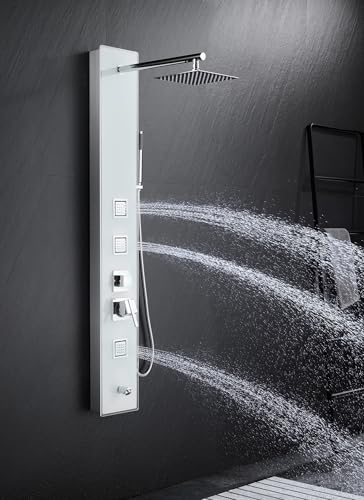 8" Wall Mount Glass Shower Panel Tower System Stainless Steel White | 51 inch Tempered glass shower panel | 8" rain shower head | 14.5" shower arm | 304 stainless steel | Wall mount - style: Square Shower