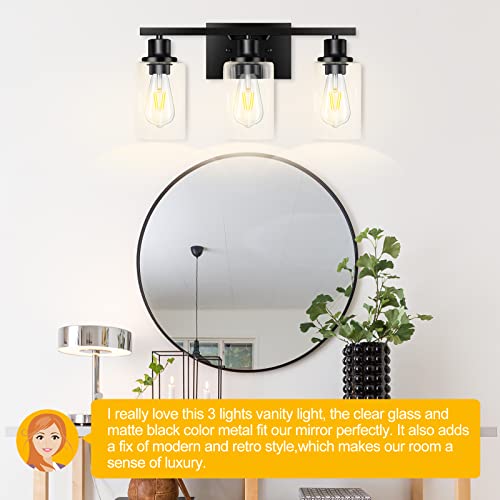3-Light Vanity Light, Matte Black Bathroom Lighting Fixtures Over Mirror, Modern Metal Wall Lights for Hallway Kitchen Bedroom Living Room | Wall Sconce Light Fixture with Clear Glass Shade Matte Black Modern Metal Wall Lights for Hallway Kitchen Bedroom
