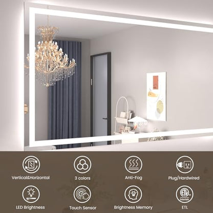 Snowdool 48 x 40 in LED Bathroom Mirror, Front and Backlit, Anti-Fog | Front and Backlit, 3 Color Temperatures, Anti-Fog, Tempered Glass - size: 40"L x 48"W