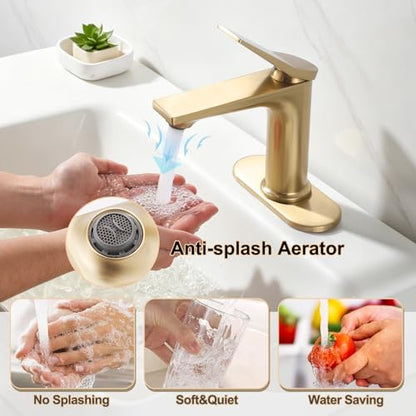 Rbrohant Single Hole Bathroom Faucet, Brushed Gold Single Handle Bathroom Sink Faucets for 1 Hole or 3 Hole, Bathroom Vanity Faucet with Pop up Drain and Cover Plate, Deck Mount, R2001-BGP - color: Brushed Gold, style: With Escutcheon