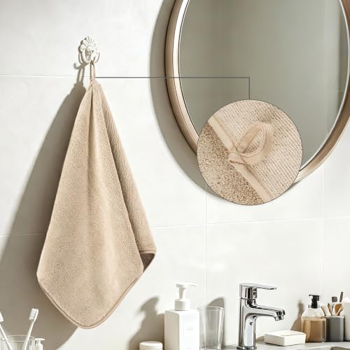 POLYTE 330 GSM Poly Blend Microfiber Quick Dry Hand Towel, 16x30 in | 4 Pack, Oversize, Lint Free, Hanging Loop - color: Beige