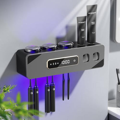 Smart Cleaning Toothbrush Holder, Smart Drying & Cleaning Bathroom Toothbrush Holder with 2 Toothpaste Dispensers, Wall Mounted Organizer for Electric/Manual Toothbrushes with 3 Cups 6 Slots (Gray) - color: Gray